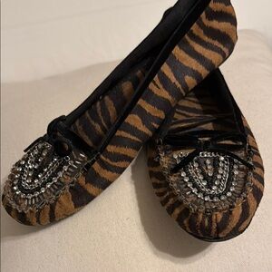 Black and Brown Animal Print Flats with Crystal Embellishments